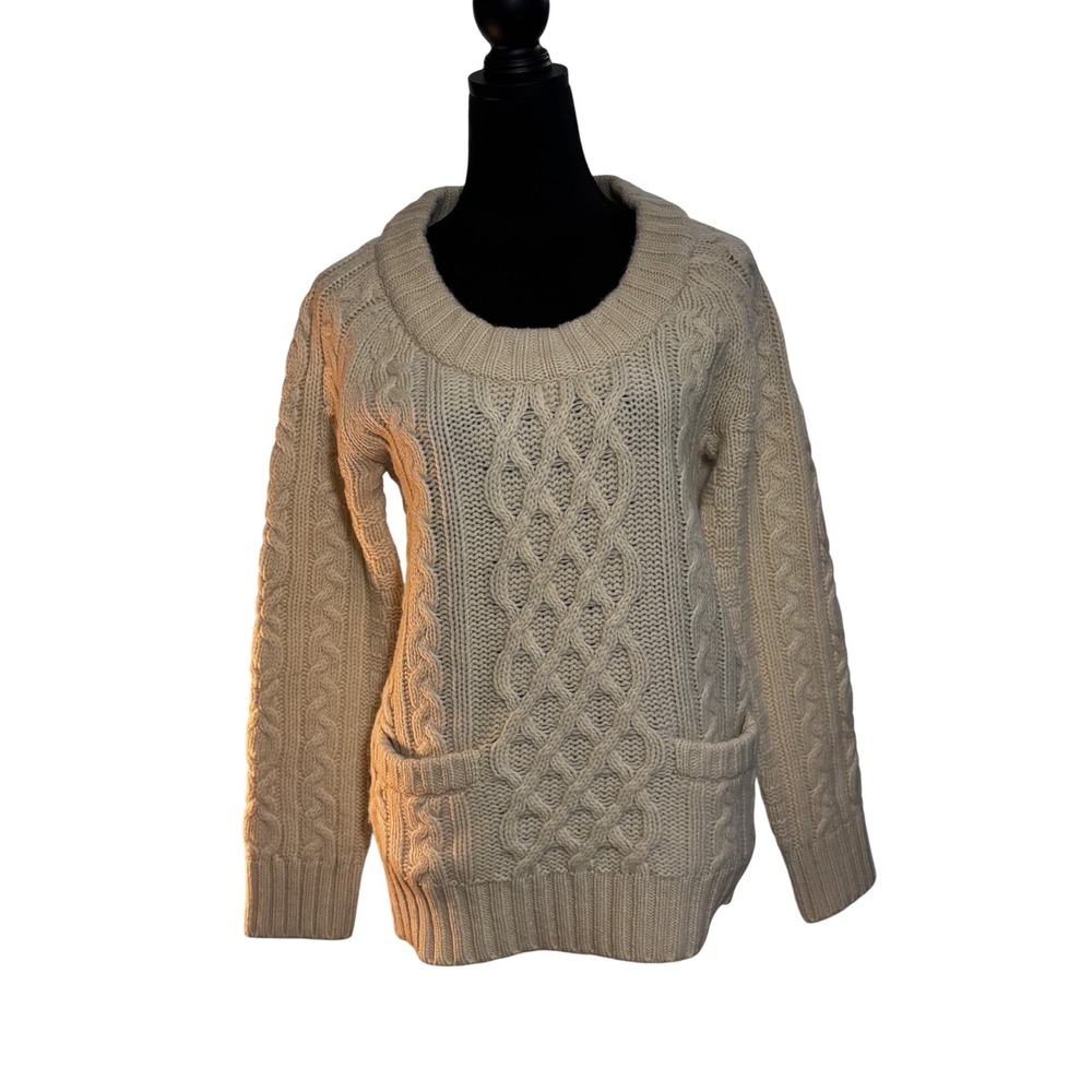 LL Bean Women Ivory Cable Knit Wool Scoop Neck Sweater with Pockets Cream Size M - Picture 14 of 14